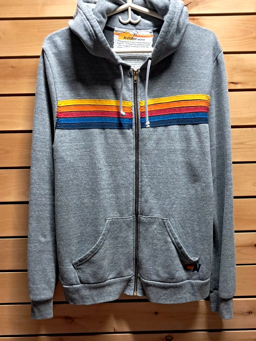 Aviator Nation 5 Stripe Zip Hoodie Heather Grey Rainbow XL - Picture 2 of 6